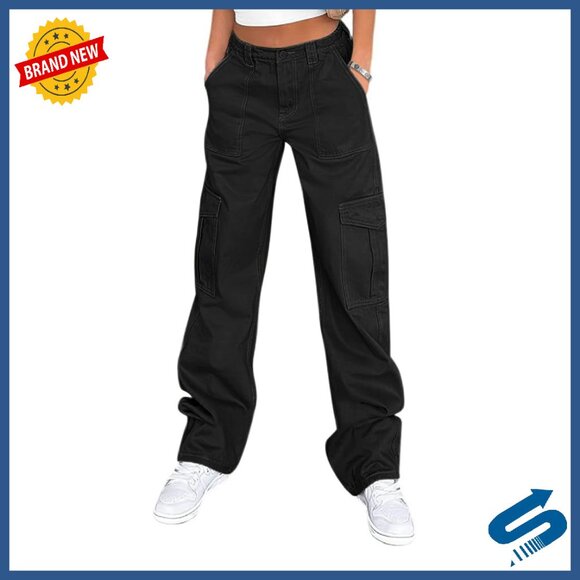 High Waisted Cargo Pants Women Stretchy Wide Leg 6 Pockets Casual Streetwear